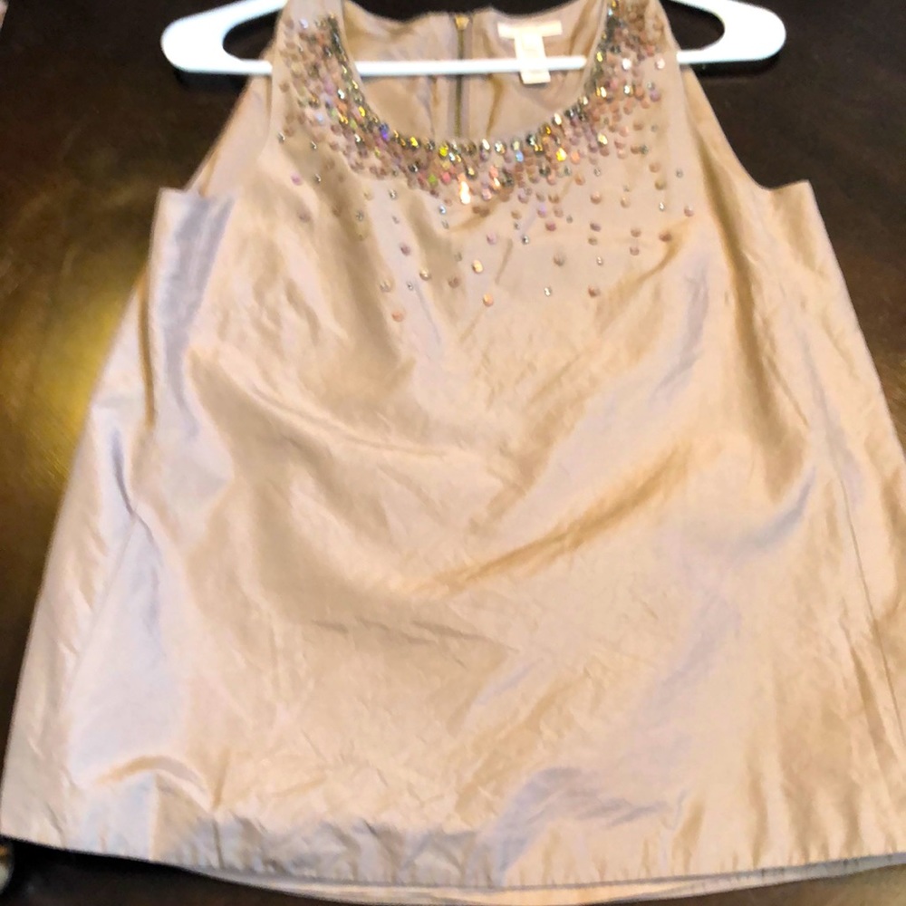J. Crew 100% silk w rhinestone sequins khaki nude color zip back dressy tank top